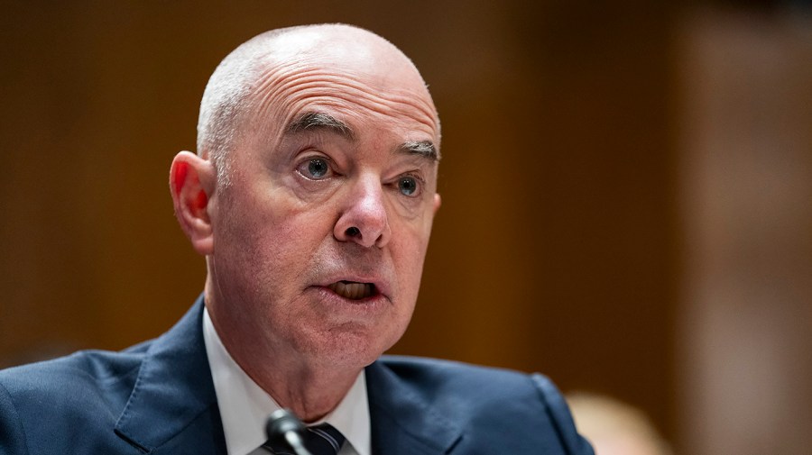 Homeland Security Secretary Alejandro Mayorkas speaks during a congressional hearing.