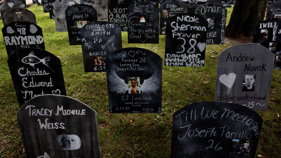 The opioid addiction support group Truth Pharm builds a memorial for people who have overdosed from opioids to mark International Overdose Awareness Day on August 21, 2021 in Binghamton, New York.