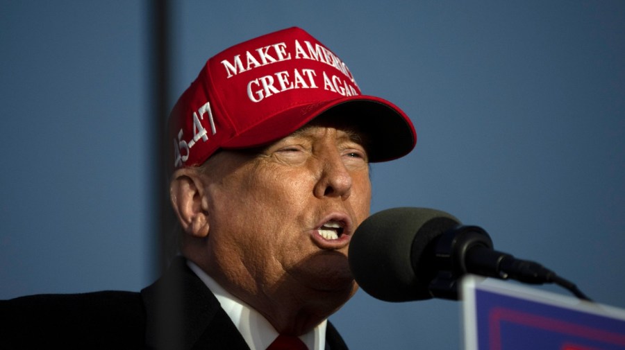 Former U.S. President Donald Trump speaks during a campaign event in Schnecksville, Pa., Saturday, April 13, 2024.