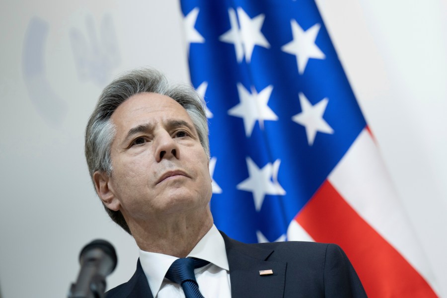 U.S. Secretary of State Antony Blinken attends a joint press conference with Ukrainian Foreign Minister following their talks in Kyiv on Wednesday, May 15, 2024. (Brendan Smialowski, Pool Photo via AP)