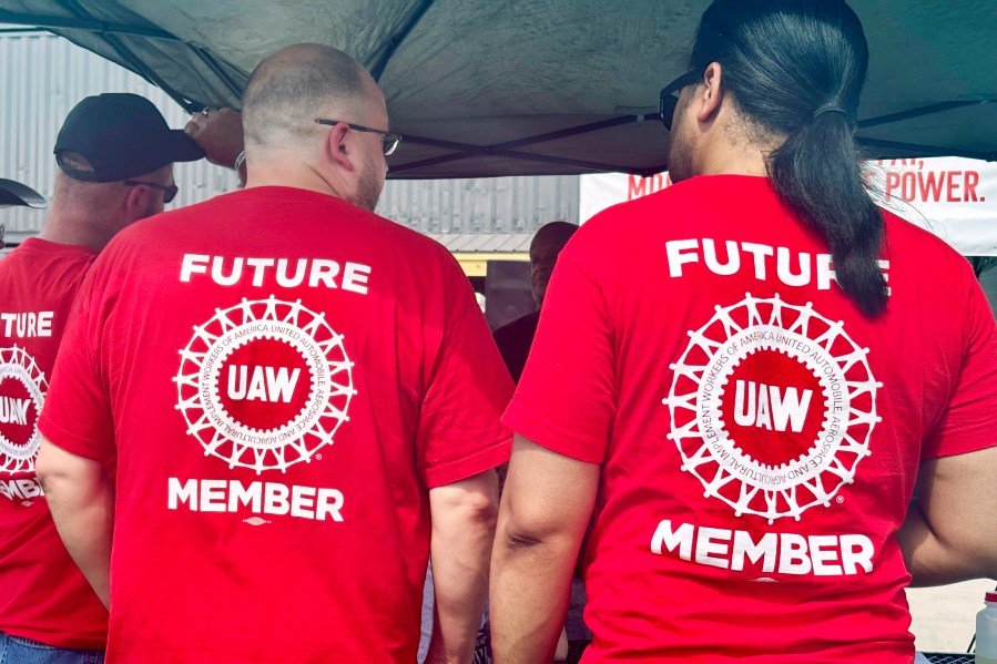 FILE - United Auto Workers union supporters attend a rally, Saturday, May 4, 2024, in Birmingham, Ala. The United Auto Workers union faces the latest test of its ambitious plan to unionize auto plants in the historically nonunion South when a vote ends Friday, May 17, at two Mercedes-Benz factories near Tuscaloosa, Ala. (AP Photo/Kim Chandler, File)