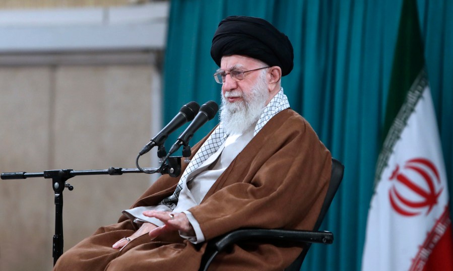 In this photo released by the official website of the office of the Iranian supreme leader, Supreme Leader Ayatollah Ali Khamenei speaks in meeting a group of families of the Revolutionary Guard members in Tehran, Iran, Sunday, May 19, 2024. A helicopter carrying Iranian President Ebrahim Raisi, the country's foreign minister and other officials apparently crashed in the mountainous northwest reaches of Iran on Sunday, sparking a massive rescue operation. "We hope that God the Almighty returns the dear president and his colleagues in full health to the arms of the nation," Khamenei said, drawing an "amen" from the audience he was addressing. (Office of the Iranian Supreme Leader via AP)