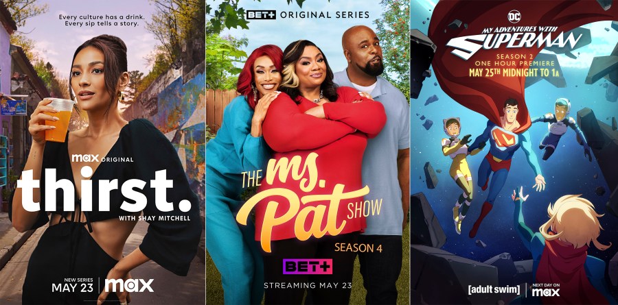 This combination of images shows promotional art for the Max series "Thirst with Shay Mitchell," left, the BET+ series "The Ms. Pat Show," center, and the Max animated series, “My Adventures with Superman.” (Max/BET+/Max via AP)