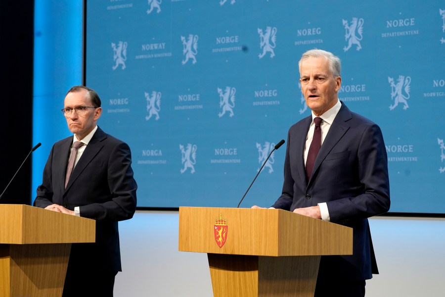 Norway's Prime Minister Jonas Gahr Store, right, with Foreign Minister Espen Barth Eide, speaks during a news conference in Oslo, Norway, Wednesday, May 22, 2024. Israel’s Foreign Minister Israel Katz has ordered Israel’s ambassadors from Ireland and Norway to immediately return to Israel, as Norway said it would recognize a Palestinian state and Ireland was expected to do the same. (Erik Flaaris Johansen/NTB Scanpix via AP)