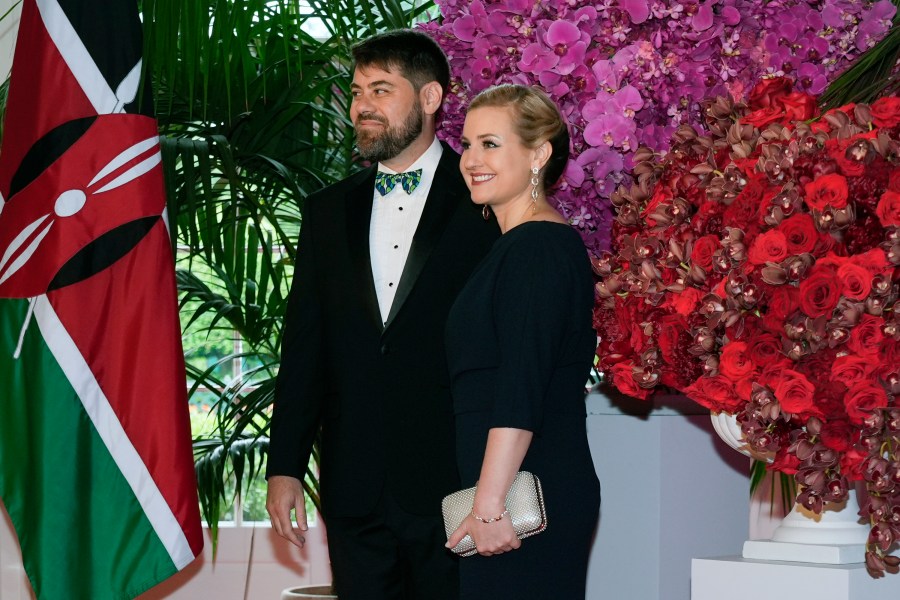 Kate Gallego, Mayor of Phoenix and Mark Weinberg arrive at the Booksellers area of the White House for the State Dinner hosted by President Joe Biden and first lady Jill Biden for Kenya's President William Ruto and Kenya's first lady Rachel Ruto, Thursday, May 23, 2024, in Washington. (AP Photo/Jacquelyn Martin)