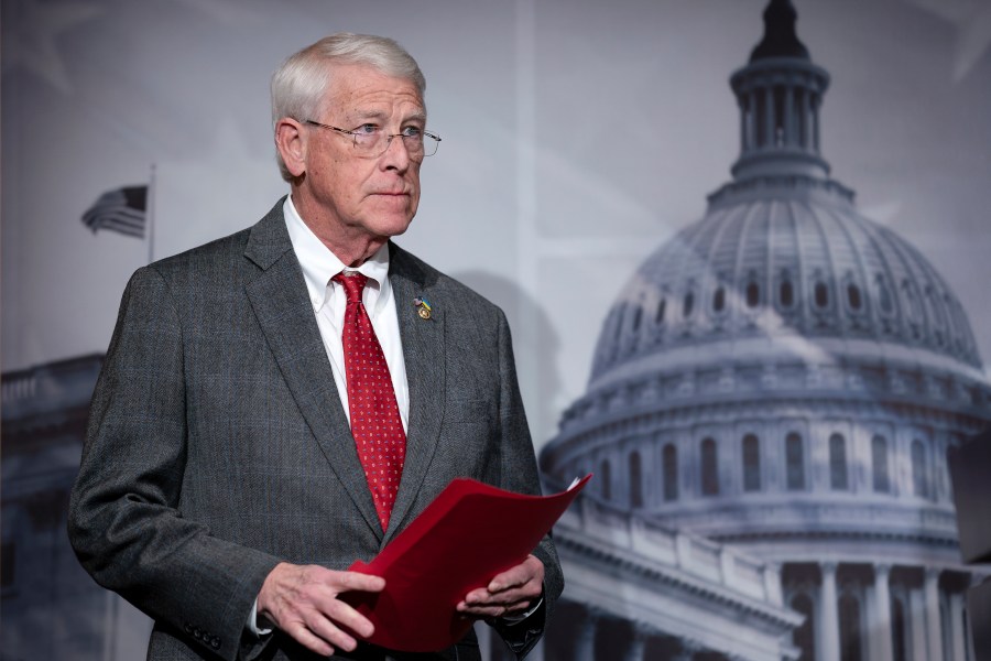 FILE - Senate Armed Services Committee Ranking Member Roger Wicker, R-Miss., meets with reporters during a news conference at the Capitol in Washington, Jan. 11, 2024. The top Republican on a Senate committee that oversees the U.S. military is making an argument for aggressively increasing defense spending over negotiated spending caps. Sen. Roger Wicker, a Mississippi Republican, is releasing a plan for a “generational investment” that seeks to deter coordinated threats from U.S. adversaries like Russia, Iran and China. (AP Photo/J. Scott Applewhite, File)