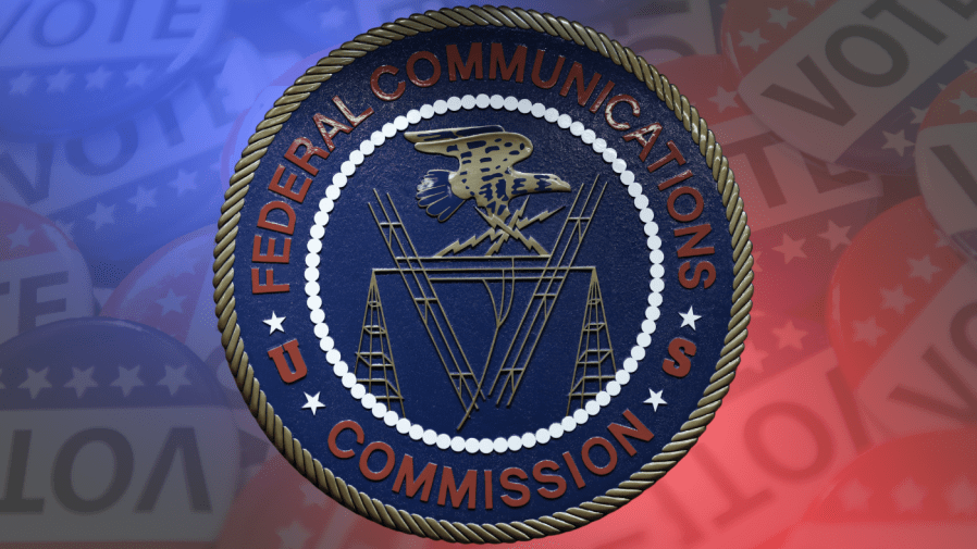 A Federal Communications Commission logo is superimposed over a red and blue background of vote buttons.