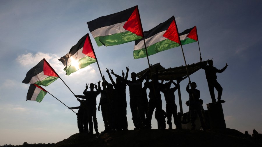 A group of people wave Palestinian flags.