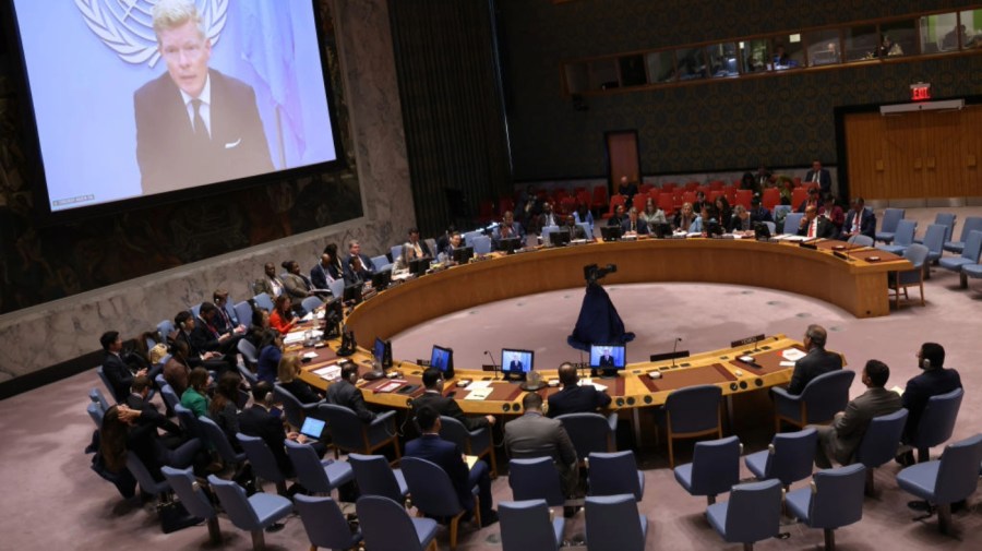 Members of the United Nations Security Council listen as Special Envoy of the Secretary-General for Yemen Hans Grundberg speaks during a meeting on the war in Gaza on at the United Nations headquarters May 13, 2024 in New York City. (Photo by Michael M. Santiago/Getty Images)