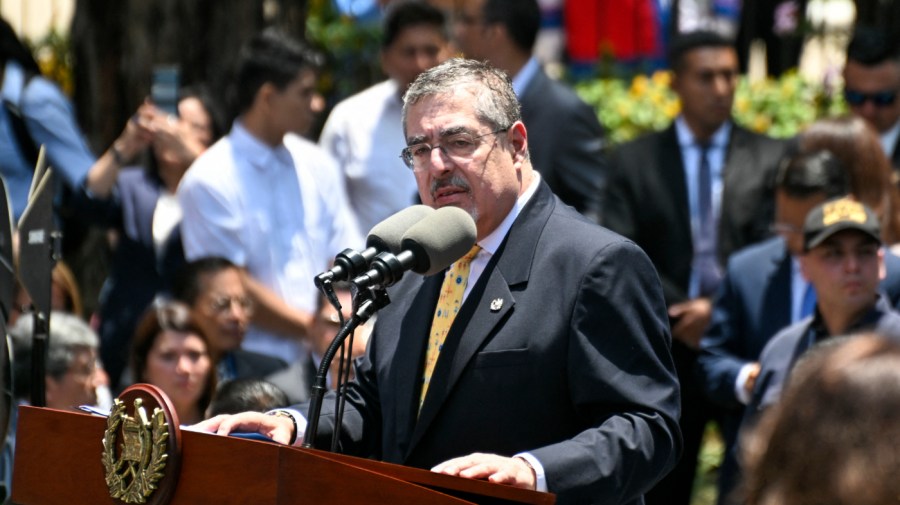 Guatemala's President Bernardo Arevalo speaks outside the Ministry of the Interior building during a ceremony marking his 100 days in office in Guatemala City on April 23, 2024.