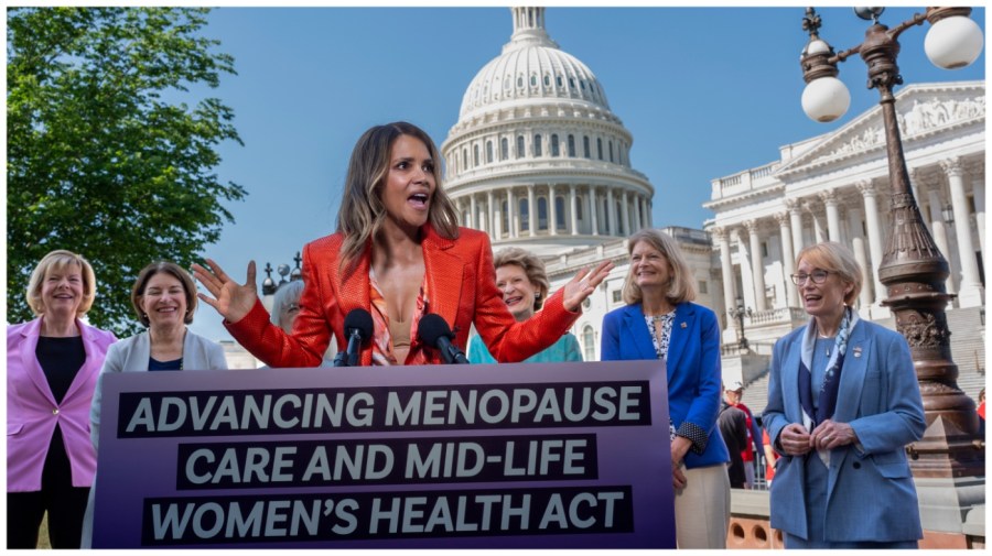 Oscar-winning actor and women's health activist Halle Berry joins female senators as they introduce new legislation to boost federal research on menopause, at the Capitol in Washington, Thursday, May 2, 2024. The bipartisan Senate bill, the Advancing Menopause Care and Mid-Life Women's Health Act, would create public health efforts to improve women's mid-life health. (AP Photo/J. Scott Applewhite)