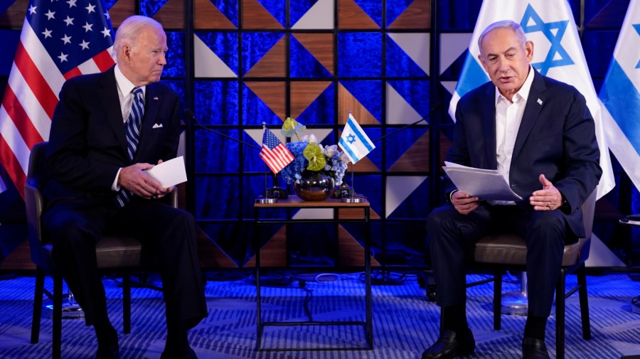 Israeli Prime Minister Benjamin Netanyahu speaks as he meets with President Joe Biden, Oct. 18, 2023, in Tel Aviv.