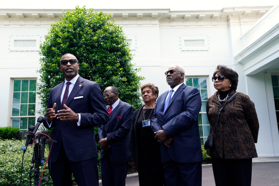 The Brown v. Board of Education plaintiffs speak to the members of the media after meeting with President Biden