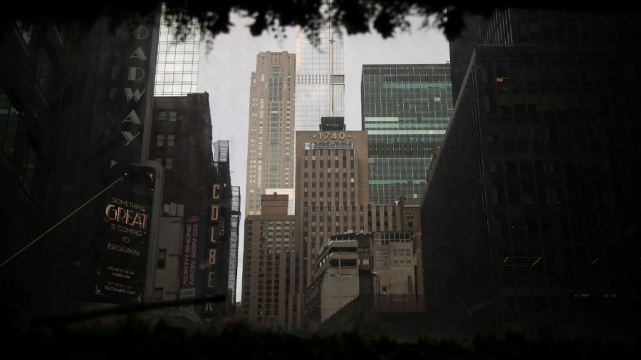 An office building at 1740 Broadway, center, in New York, US, on Sunday, Feb. 11, 2024. Commercial-property deals in the US are starting to pick up at deep discounts that are forcing lenders around the world to brace for souring loans.