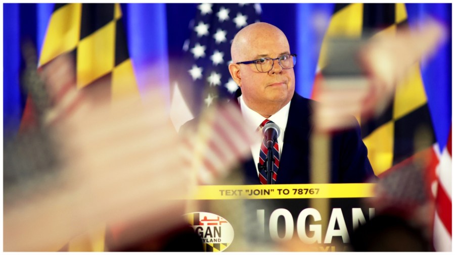 Former Maryland Governor Larry Hogan speaks during a campaign event.