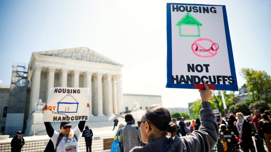 Homeless rights activists hold a rally outside of the U.S. Supreme Court on April 22, 2024 in Washington, DC.