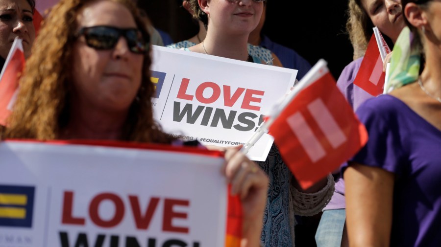 Supporters of the U.S. Supreme Courts ruling on same-sex marriage gather on the step of the Texas Capitol for a news conference celebrating marriage equality and looking to important work ahead, Monday, June 29, 2015, in Austin, Texas.