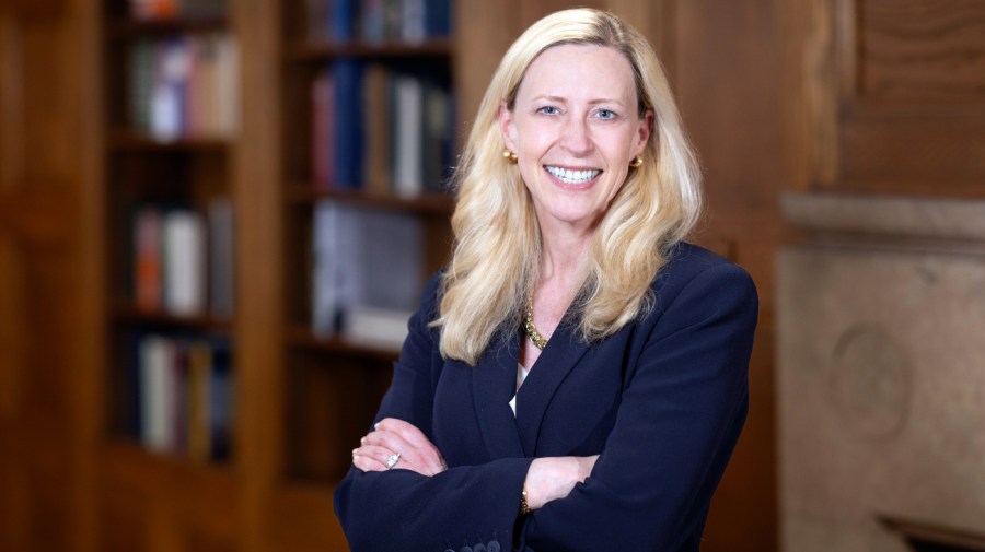 In this image provide by Yale University, Yale's new president Maurie McInnis poses in New Haven, Conn. McInnis, a longtime higher education leader and cultural historian, was named the 24th president of Yale University on Wednesday, May 29, 2024, becoming the first woman to be installed permanently to the position.