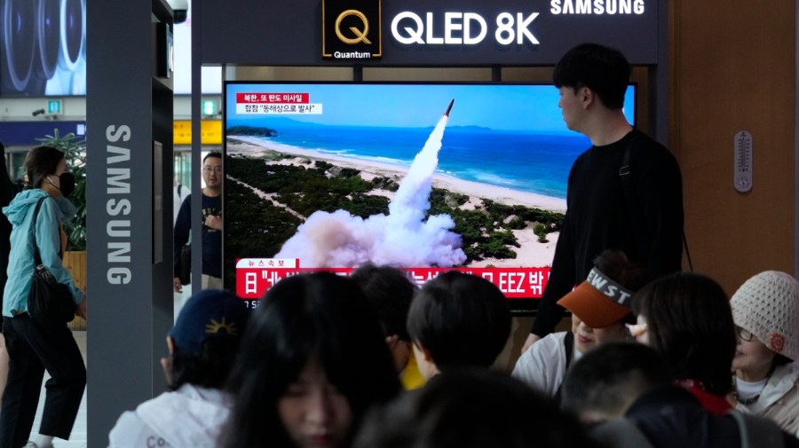 A news program broadcasts a file image of a missile launch by North Korea, at the Seoul Railway Station in Seoul, South Korea, Thursday, May 30, 2024. North Korea on Thursday fired a barrage of ballistic missiles toward its eastern sea, according to South Korea's military, days after its attempt to launch a military reconnaissance satellite ended in failure but still drew strong condemnation from its rivals.