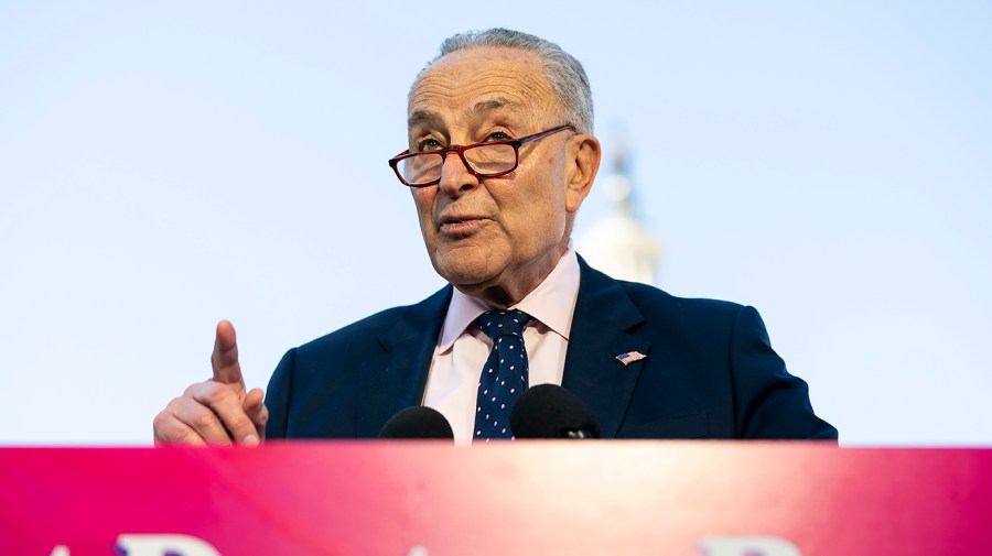 Senate Majority Leader Chuck Schumer speaks at an outside press conference.