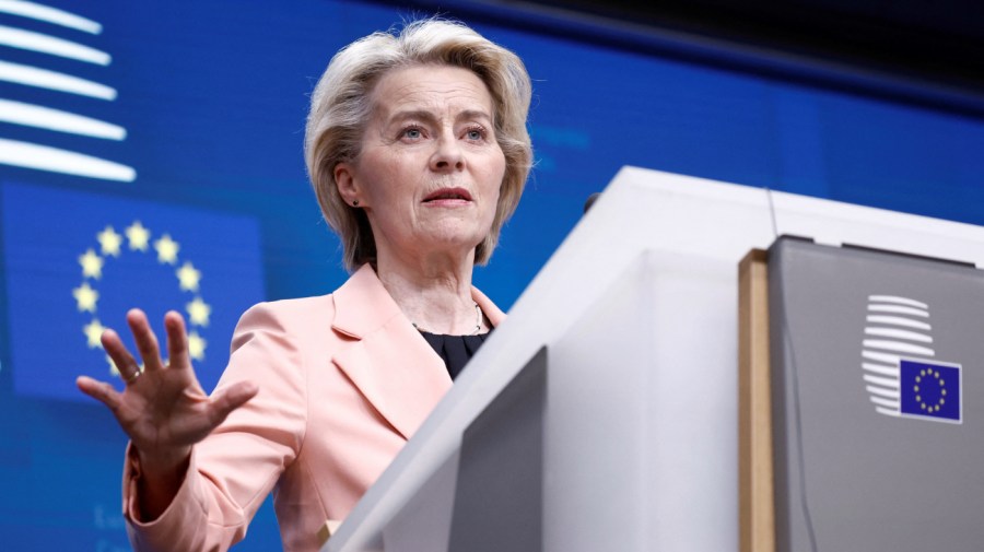 President of the European Commission Ursula von der Leyen gives a press conference at the end of the first day of a EU summit in Brussels, on March 21, 2024.