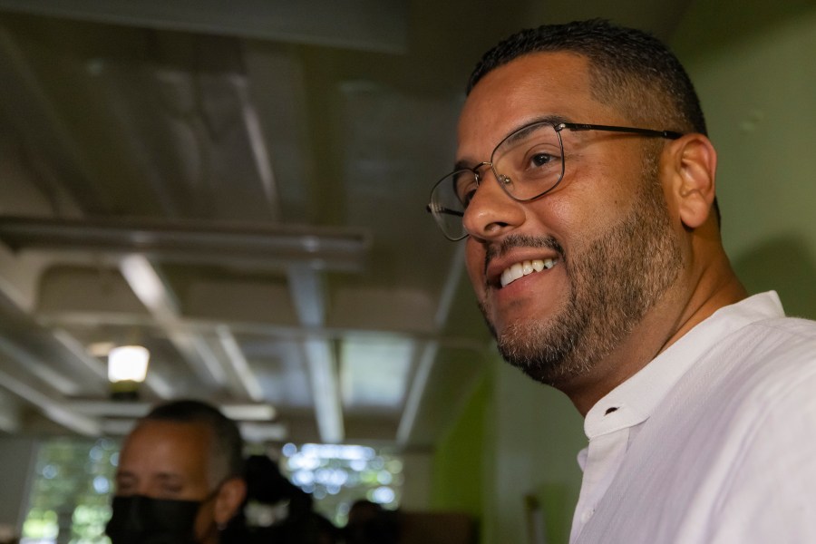 Rep. Jesús Manuel Ortiz smiles during the gubernatorial primaries in San Juan, Puerto Rico, Sunday, June 2, 2024. Ortiz hopes to be the main candidate for the Popular Democratic Party, which supports the island’s status quo as U.S. territory. (AP Photo/Alejandro Granadillo)