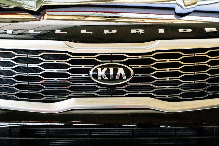 FILE - This is the front grill on a 2020 KIA Telluride on display at the 2019 Pittsburgh International Auto Show in Pittsburgh Thursday, Feb. 14, 2019. Kia America is recalling nearly 463,000 Telluride SUVs — and urging impacted owners to park their cars outside and away from other structures until an issue that poses a notable fire hazard is fixed. (AP Photo/Gene J. Puskar, File)