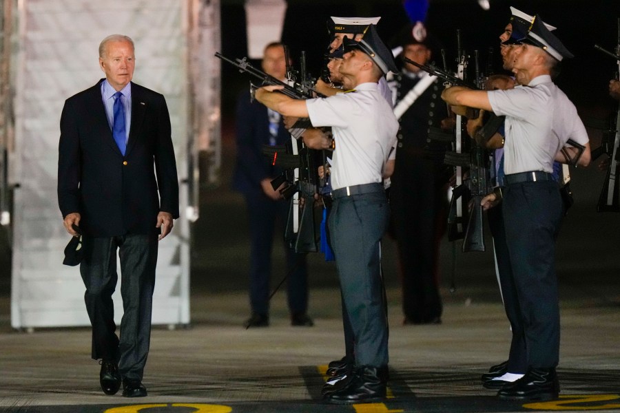 President Joe Biden leaves Air Force One as he arrives at Brindisi airport, southern Italy, to take part in a G7 summit, Wednesday, June 12, 2024. The G7 Summit will take place at the Borgo Egnazia resort from June 13 through June 15, 2024. (AP Photo/Luca Bruno)