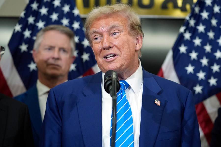 Republican presidential candidate former President Donald Trump speaks with reporters at the National Republican Senatorial Committee, Thursday, June 13, 2024, in Washington. (AP Photo/Evan Vucci)