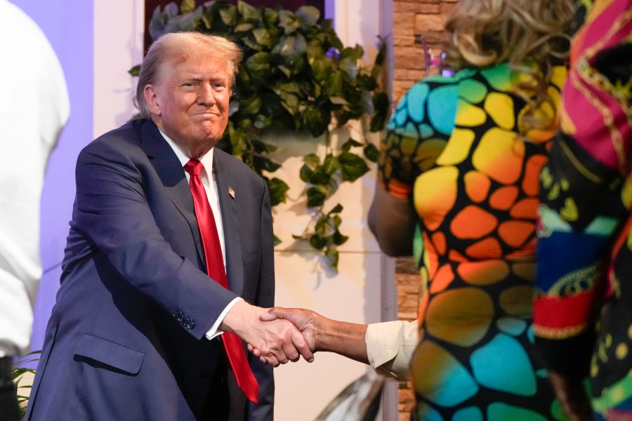 Republican presidential candidate former President Donald Trump arrives at a campaign event at 180 Church, Saturday, June 15, 2024, in Detroit. (AP Photo/Carlos Osorio)