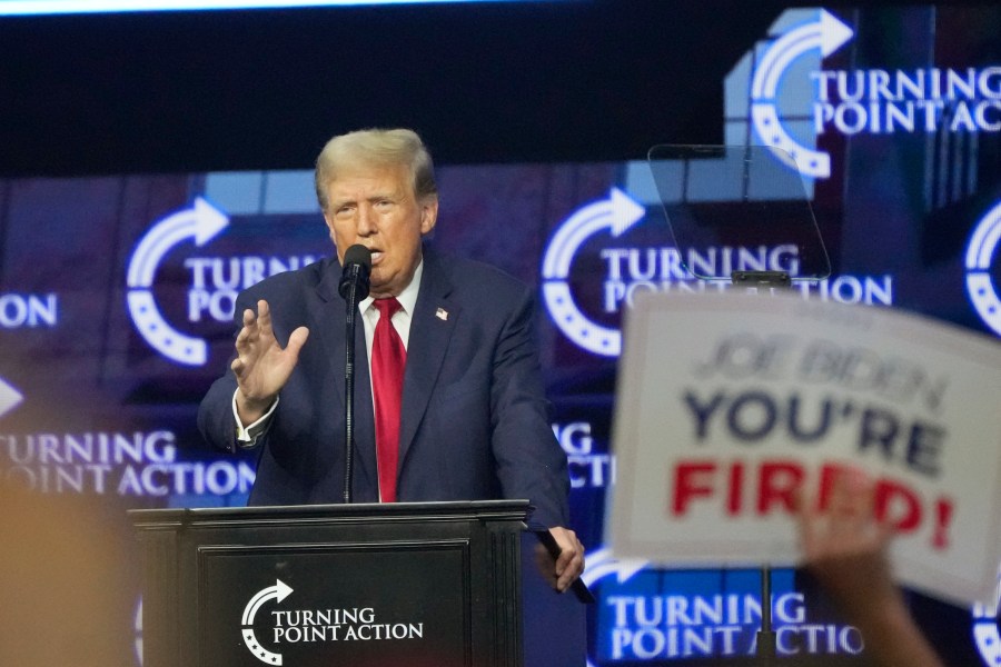 Republican presidential candidate and former President Donald Trump speaks at a campaign event Saturday, June 15, 2024, in Detroit. (AP Photo/Carlos Osorio)