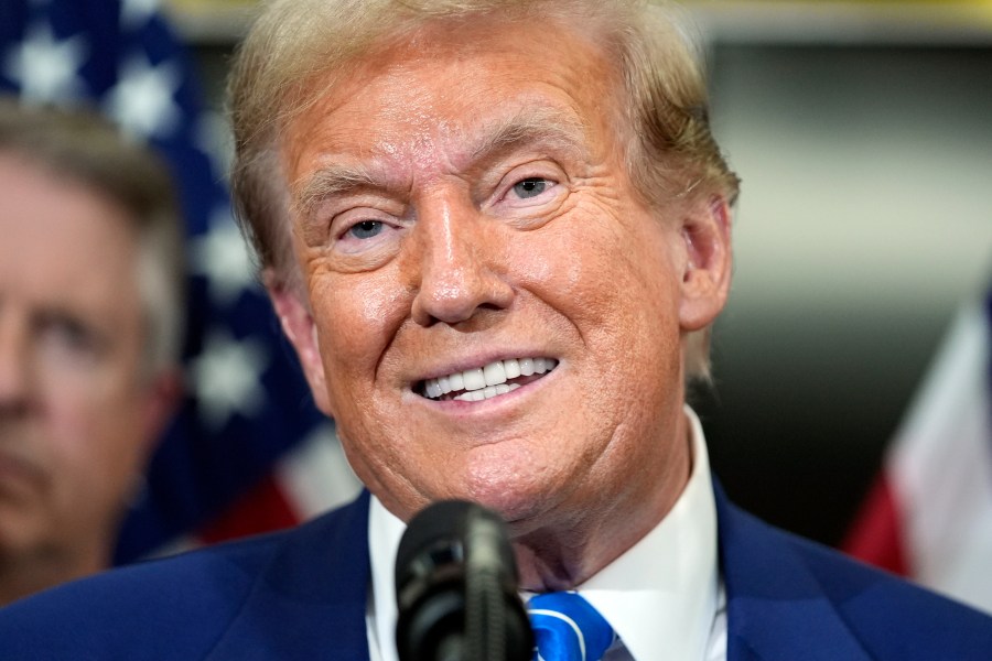 Republican presidential candidate former President Donald Trump speaks with reporters at the National Republican Senatorial Committee, Thursday, June 13, 2024, in Washington. (AP Photo/Evan Vucci)