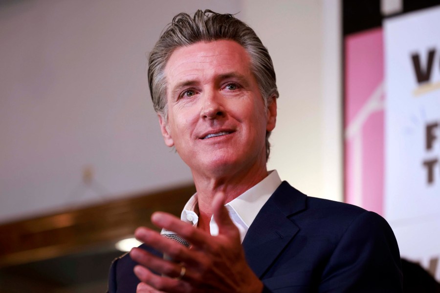 FILE - California Gov. Gavin Newsom speaks at a rally June 7, 2024, in San Francisco. Newsom announced Tuesday, June 18, 2024, that he wants to restrict students' usage of smartphones during the school day, citing the mental health risks of social media. (Jessica Christian/San Francisco Chronicle via AP, File)