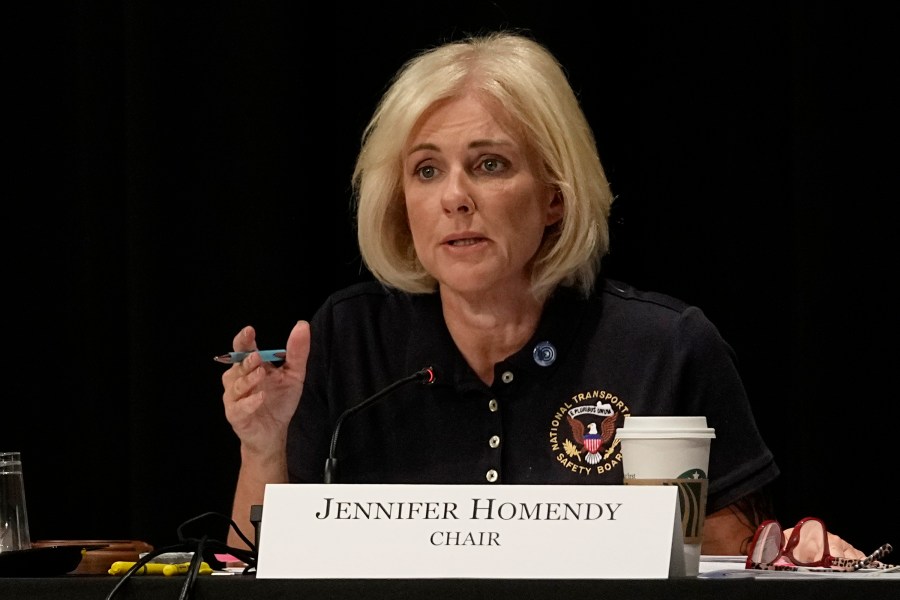 Jennifer Homendy, chair of the National Transportation Safety Board, speaks during a board meeting concerning the February 3, 2023, train derailment of a Norfolk Southern freight train carrying hazardous materials, Tuesday, June 25, 2024, in East Palestine, Ohio. (AP Photo/Sue Ogrocki)