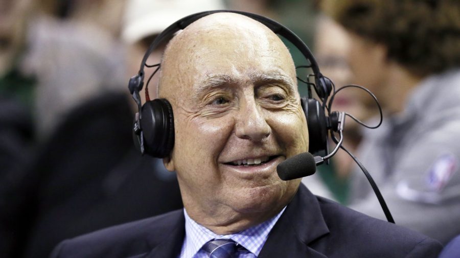 FILE - ABC/ESPN basketball analyst Dick Vitale sits at midcourt prior to an NCAA college basketball game between Baylor and Villanova, Dec. 12, 2021, in Waco, Texas. Longtime ESPN college basketball analyst Vitale said on social media Friday, June 28, 2024, that he has been diagnosed with cancer for a fourth time. (AP Photo/Ray Carlin, File)