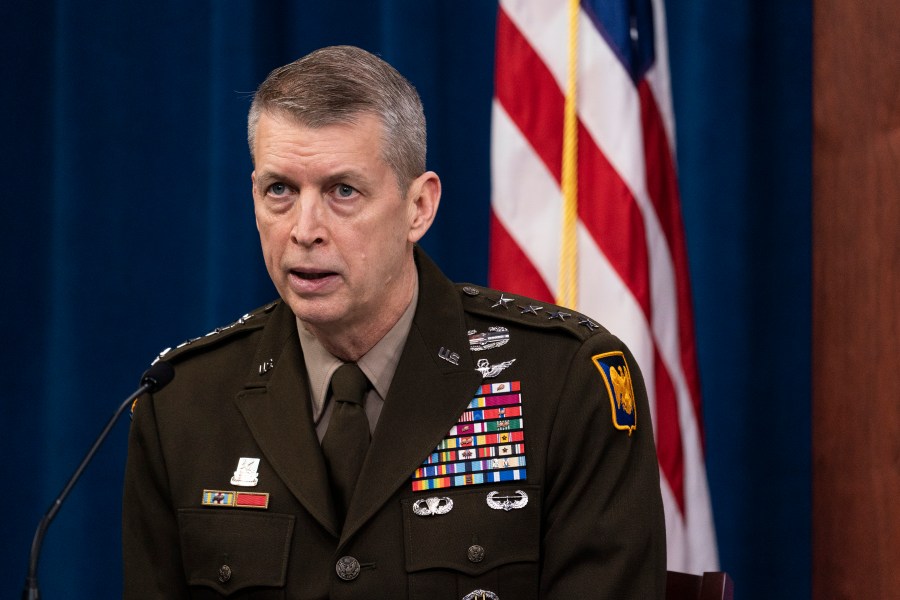 Army General Daniel Hokanson speaks at a press conference.