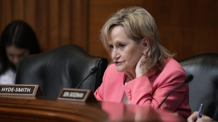 Sen. Cindy Hyde-Smith listens during a congressional hearing.