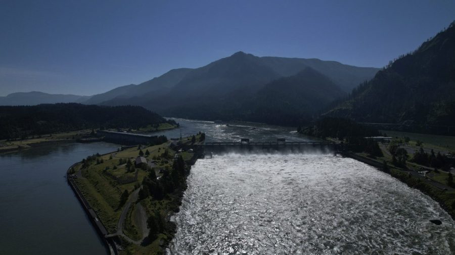 Water spills over a dam.