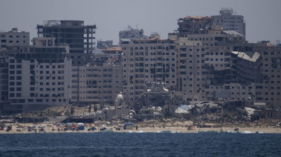 Debris and destroyed buildings line the coast of the Gaza Strip.