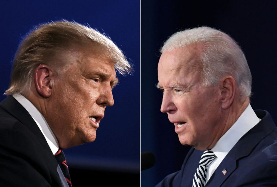 President Biden and former President Trump appear to face each other in this composite image.