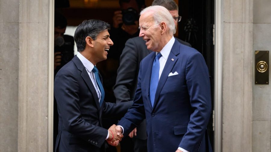 British Prime Minister Rishi Sunak shakes hands with President Biden outside No. 10 Downing St.