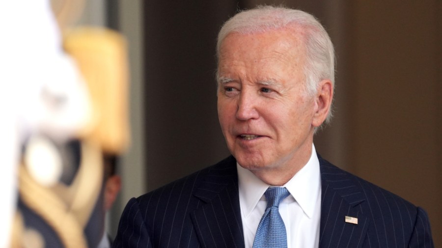 US President Joe Biden at the Elysee Palace in Paris, France, on Saturday, June 8, 2024. (Photographer: Nathan Laine/Bloomberg via Getty Images)