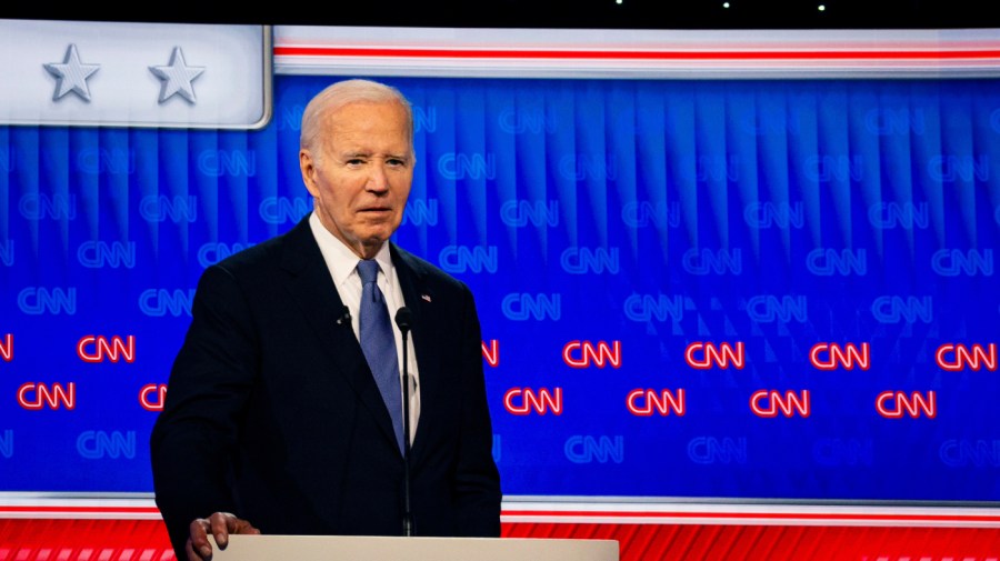 US President Joe Biden during the first presidential debate with former US President Donald Trump, not pictured, in Atlanta, Georgia, US, on Thursday, June 27, 2024. Biden and Trump are facing off for their first 2024 debate, a high-stakes opportunity to break through to politics-weary Americans and one that holds the potential for disastrous missteps. Photographer: Eva Marie Uzcategui/Bloomberg via Getty Images