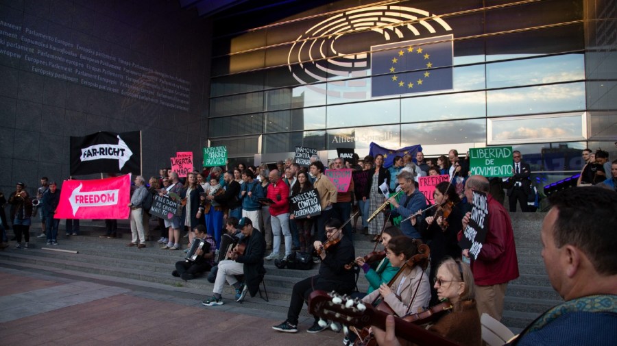 Avaaz musical protest against the far right on the steps of the European Parliament esplanade. Image taken on Sunday, June 9, 2024 in Brussels. (Delmi Alvarez/AP Content Services for Avaaz.org)