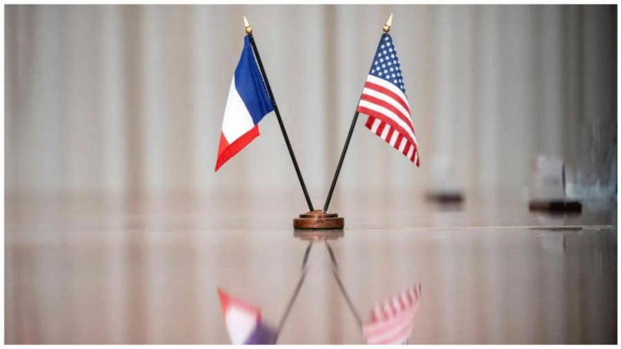 A French and US flag sit on a table during a meeting between US Secretary of Defense Lloyd J. Austin and French Minister of Armed Forces Sebastien Lecornu, at the Pentagon in Washington, DC, on November 30, 2022. (Photo by Stefani Reynolds / AFP via Getty Images)