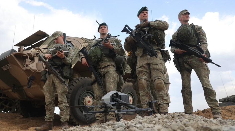 Lithuanian Army soldiers with various drones during the NATO Quadriga military exercise, in Pabrade, Lithuania, on Wednesday, May 29, 2024. Quadriga 2024 will be the largest German land forces exercise since Russia's full scale invasion of Ukraine in 2022. Photographer: Andrey Rudakov/Bloomberg via Getty Images