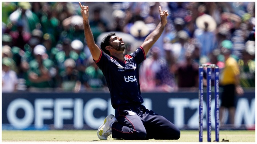 United States's Saurabh Nethralvakar celebrates after their win in the ICC Men's T20 World Cup cricket match against Pakistan.