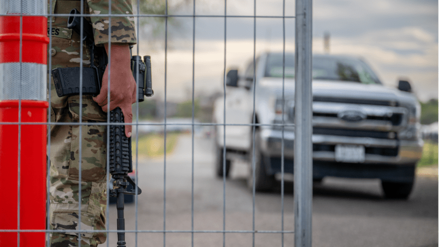 A National Guard soldier patrols at the entrance of Shelby Park on March 12, 2024 in Eagle Pass, Texas. U.S. President Joe Biden's budget proposal includes a $4.7 billion emergency fund to enhance border operations in preparation for potential illegal migrant surges along the Southern border. (Photo by Brandon Bell/Getty Images)