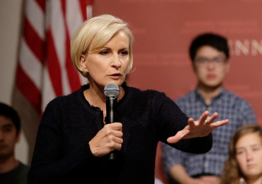 FILE - MSNBC television anchor Mika Brzezinski, co-host of the show "Morning Joe," takes questions from an audience at a forum, Oct. 11, 2017, in Cambridge, Mass. If President Joe Biden successfully resists some extraordinary calls in the media to abandon his reelection effort following last week's debate, he may reflect on the moment Brzezinski looked into the camera, Monday, July 1, 2024, to begin a 15-minute essay of support. (AP Photo/Steven Senne, File)