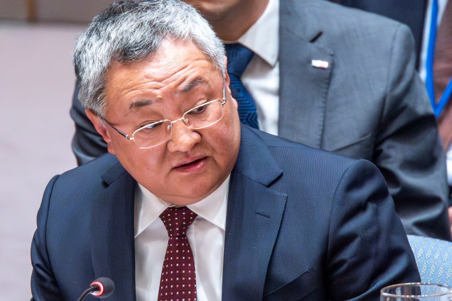 FILE -Fu Cong, China's permanent representative to the United Nations addresses members of the U.N. Security Council during a meeting on Non-proliferation of nuclear weapons, April 24, 2024 at United Nations headquarters. The United Nations General Assembly adopted a Chinese-sponsored resolution with U.S. support urging wealthy developed nations to close the widening gap with poorer developing countries and ensure that they have equal opportunities to use and benefit from artificial intelligence.Fu Cong told reporters Monday that the two resolutions are complementary, with the U.S. measure being “more general” and the just-adopted one focusing on “capacity building.”(AP Photo/Eduardo Munoz Alvarez, File)